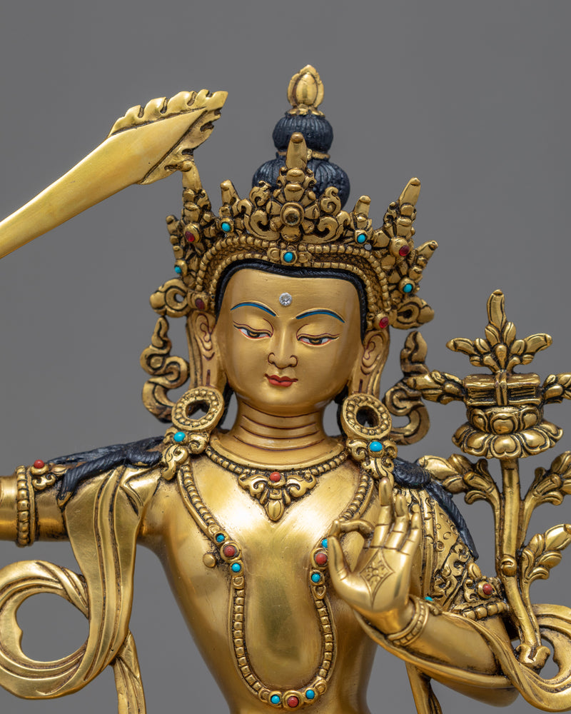 Wisdom Deity Manjushri | Gold Gilded Bodhisattva Sculpture