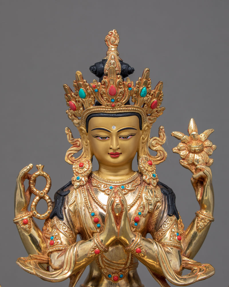 4 Armed Chenrezig Sculpture | Traditionally Hand Carved Bodhisattva Statue