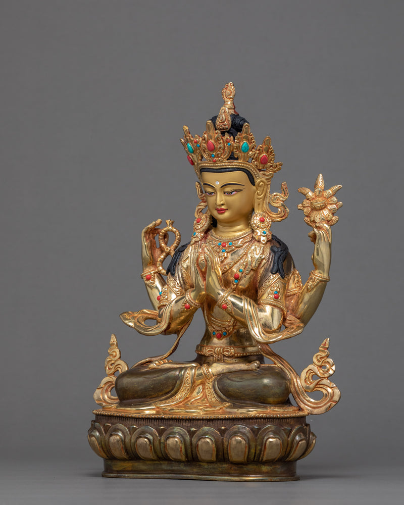 4 Armed Chenrezig Sculpture | Traditionally Hand Carved Bodhisattva Statue