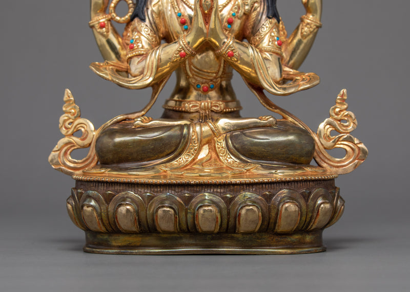 4 Armed Chenrezig Sculpture | Traditionally Hand Carved Bodhisattva Statue