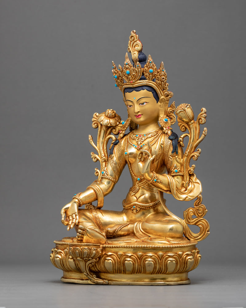 Green Tara Goddess Sculpture | Gold Gilded Female Buddha Art