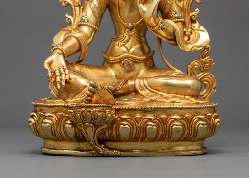 Green Tara Goddess Sculpture | Gold Gilded Female Buddha Art