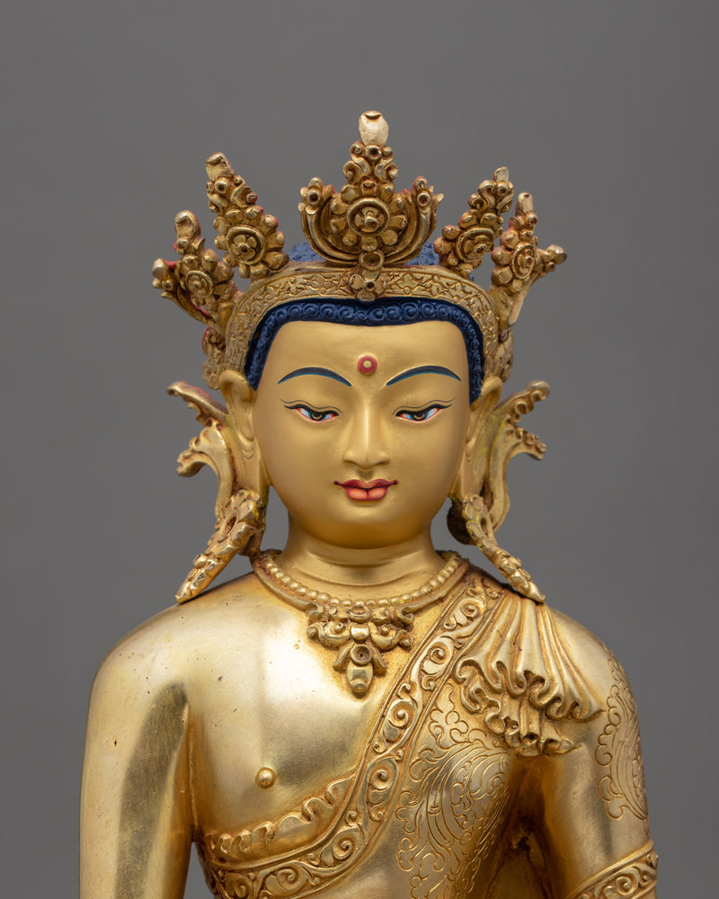 Crowned Buddha Shakyamuni Statue | Traditional Hand Carved Buddhist Art