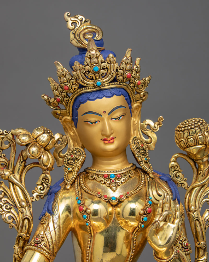 Tibetan Green Tara Statue | Gold Glided Buddhist Art