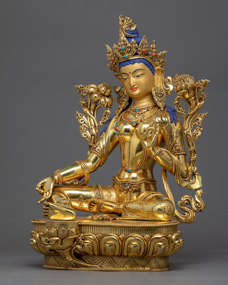 Tibetan Green Tara Statue | Gold Glided Buddhist Art