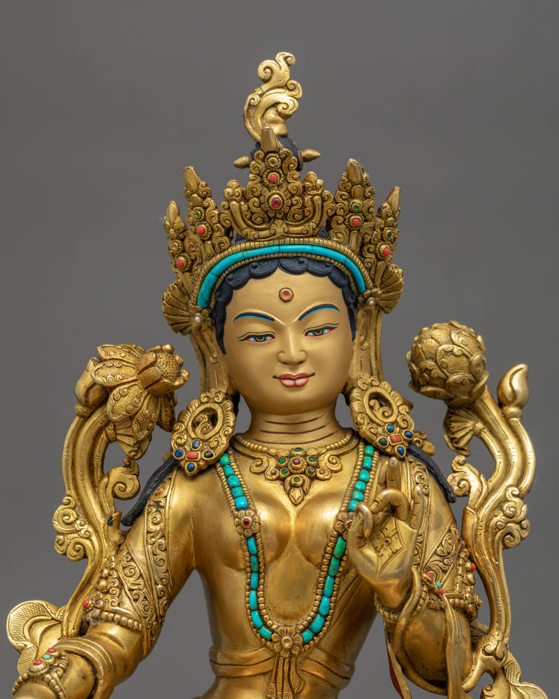 Green Tara Golden Statue | Himalayan Traditional Art