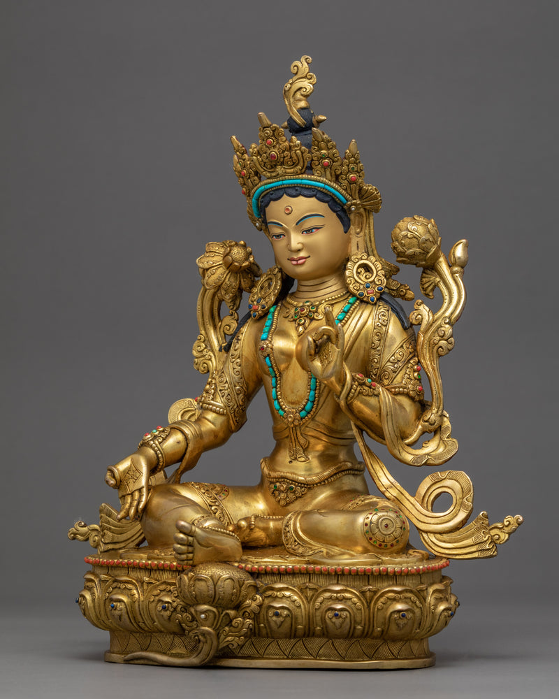 Green Tara Golden Statue | Himalayan Traditional Art