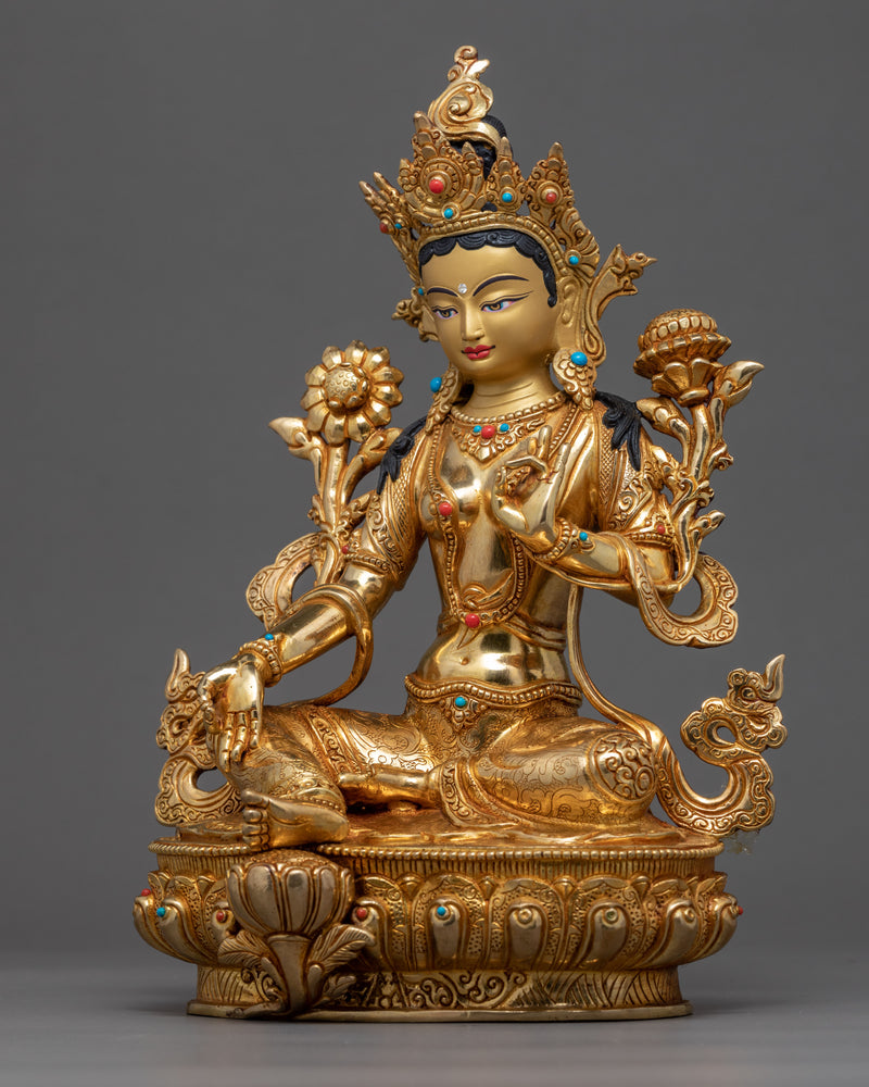 Gold Green Tara Statue | Buddhist Compassion Deity