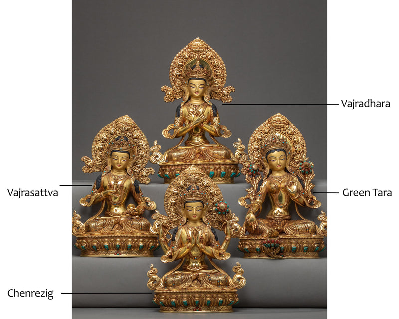 Green Tara With Bodhisattva Statue Set | Vajradhara | Vajrasattva | Chenrezig