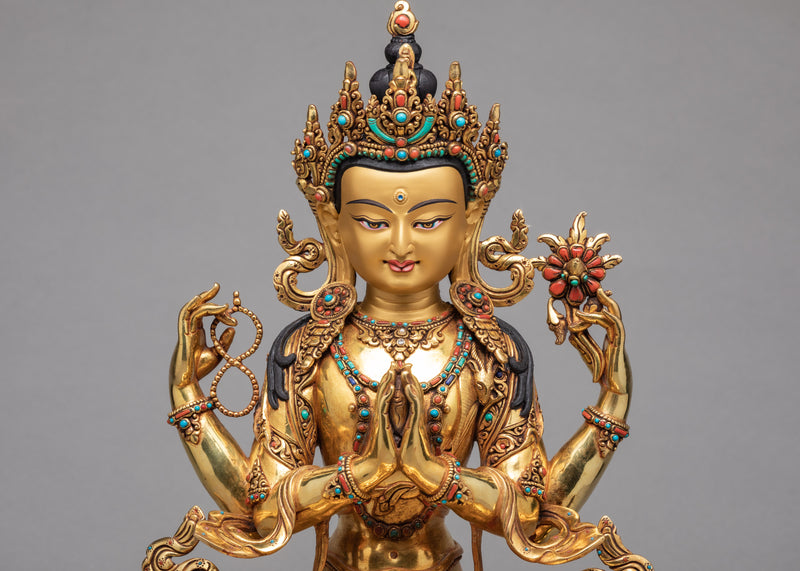 Chenrezig Statue | Avalokiteshvara Gold Plated Statue | Tibetan Buddhist Art