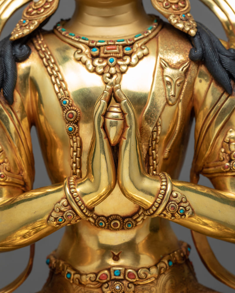 4 Arm Chenrezig Statue | Gold Plated Himalayan Buddhist Art