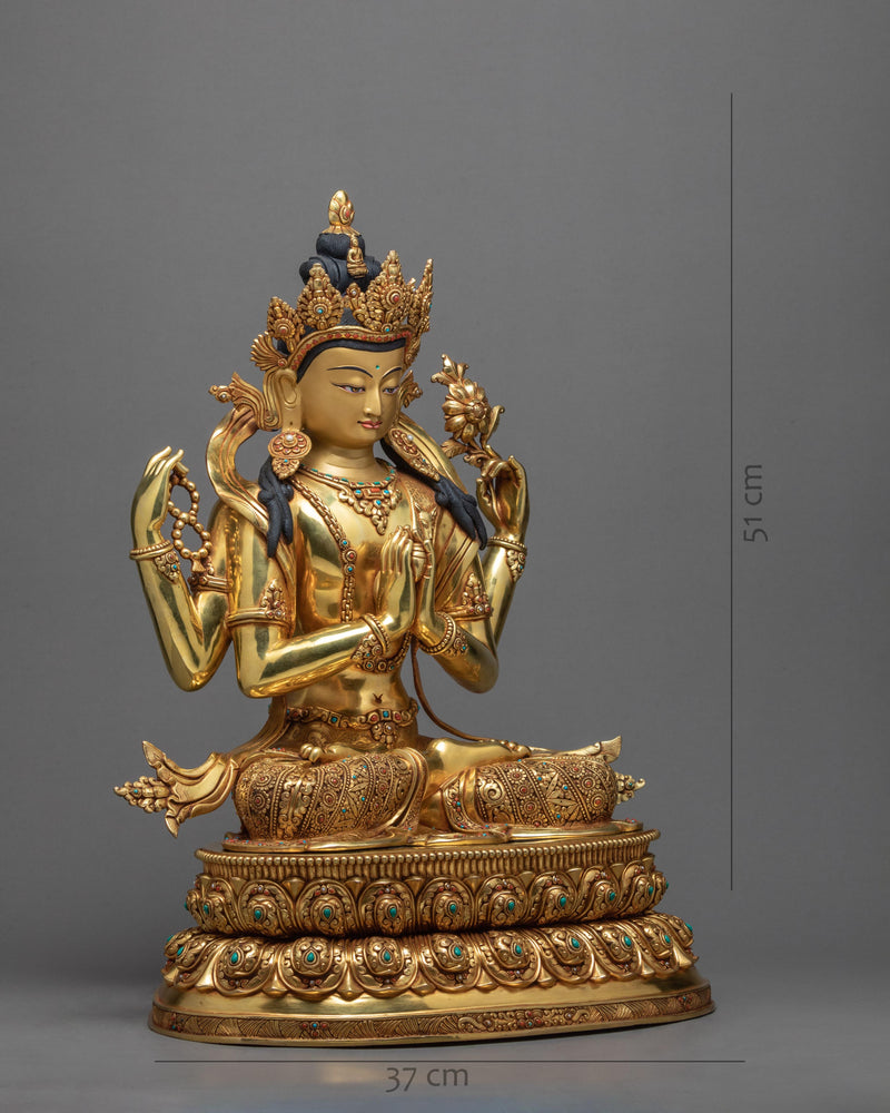 4 Arm Chenrezig Statue | Gold Plated Himalayan Buddhist Art