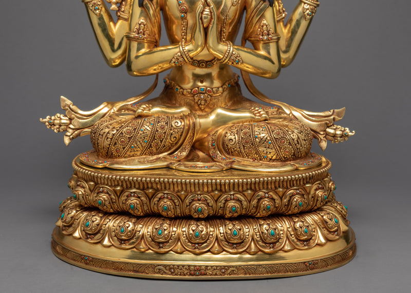 4 Arm Chenrezig Statue | Gold Plated Himalayan Buddhist Art