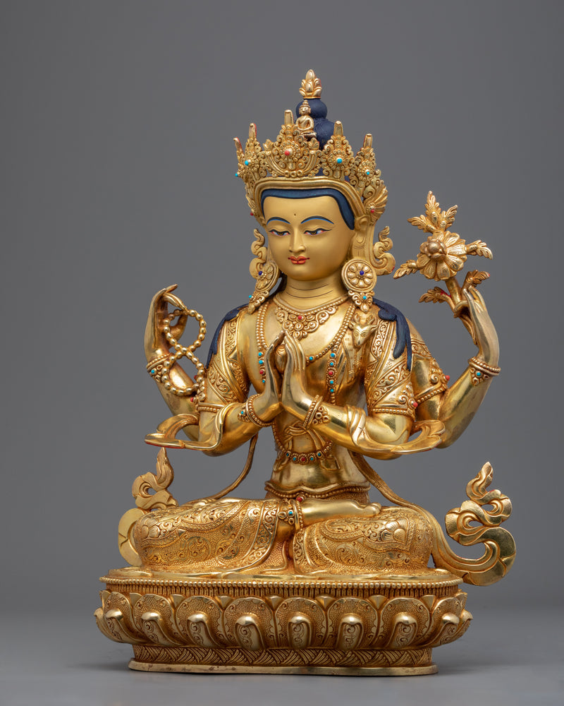 Statue Of Chenrezig | 24-Karat Gold Gilded Buddhist Deity Figurine For Ritual