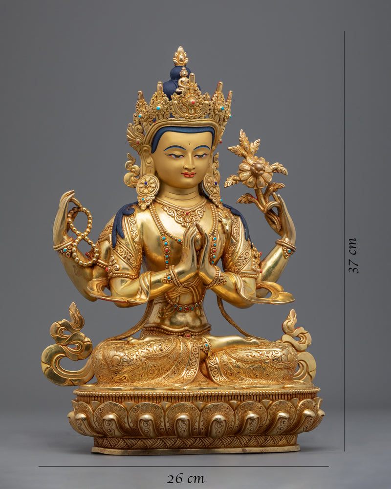 Statue Of Chenrezig | 24-Karat Gold Gilded Buddhist Deity Figurine For Ritual