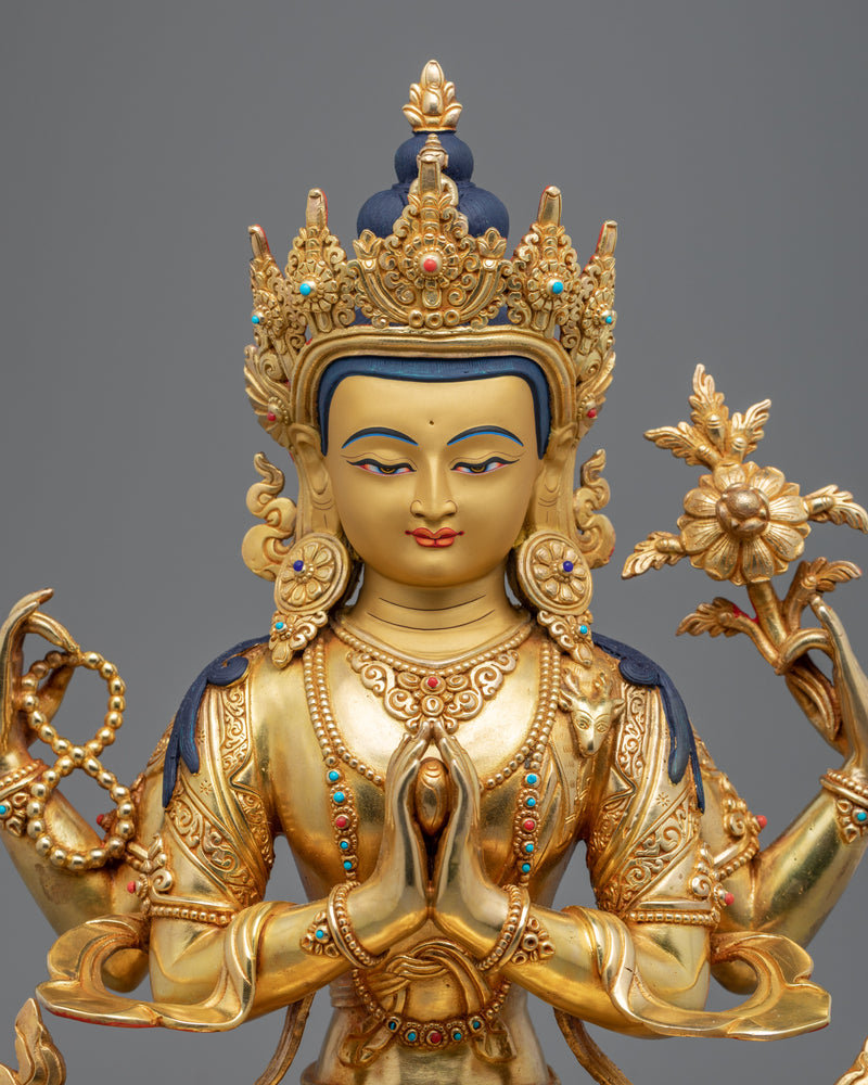 Statue Of Chenrezig | 24-Karat Gold Gilded Buddhist Deity Figurine For Ritual