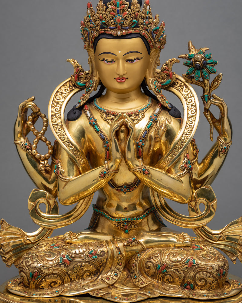 Chenrezig Statue | Avalokiteshvara Statue Adorned with Turquoise Coral | Finely Hand Carved