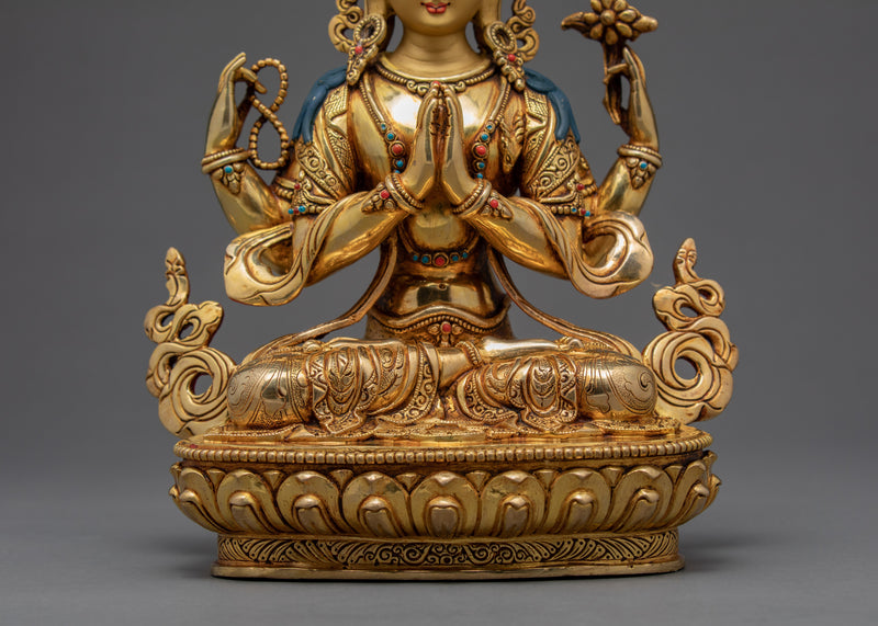 Bodhisattva Chenrezig Statue | 24K Gold Gilded Tibetan Sculpture