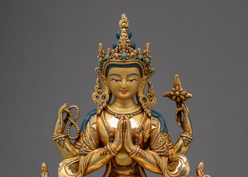 Bodhisattva Chenrezig Statue | 24K Gold Gilded Tibetan Sculpture