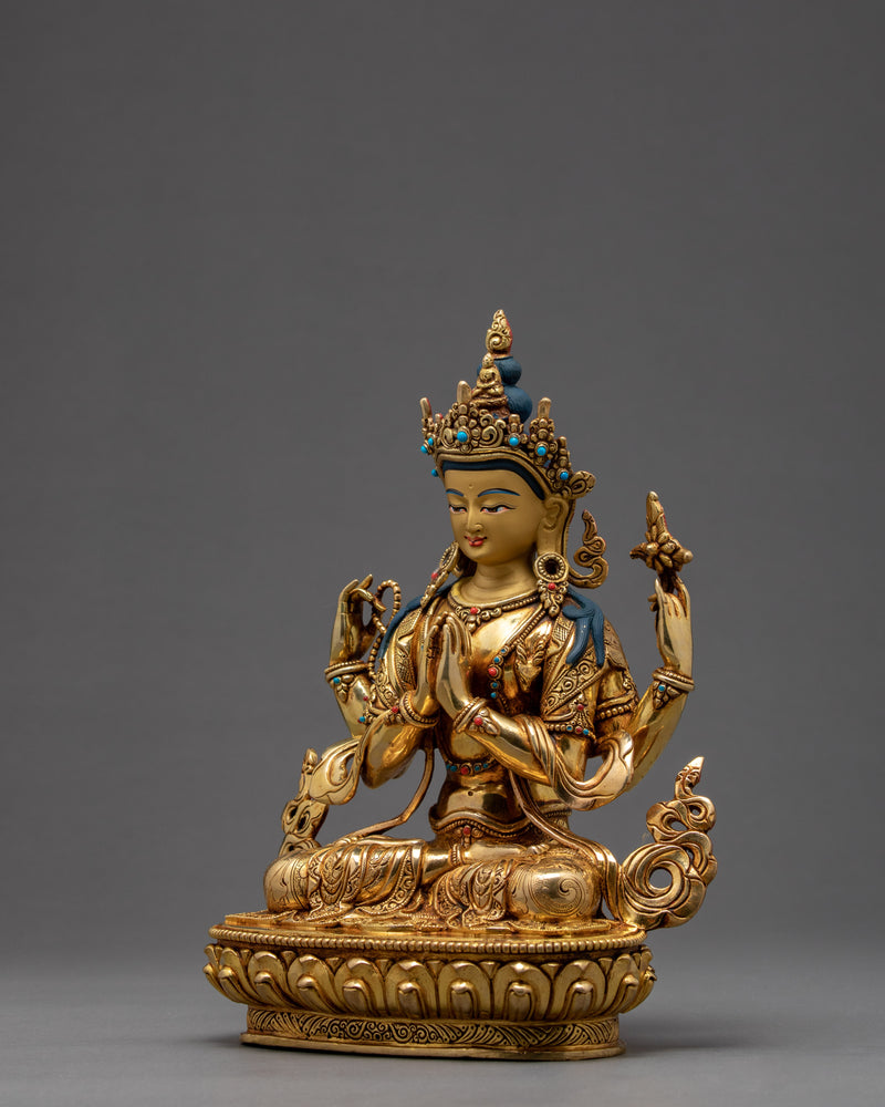 Bodhisattva Chenrezig Statue | 24K Gold Gilded Tibetan Sculpture