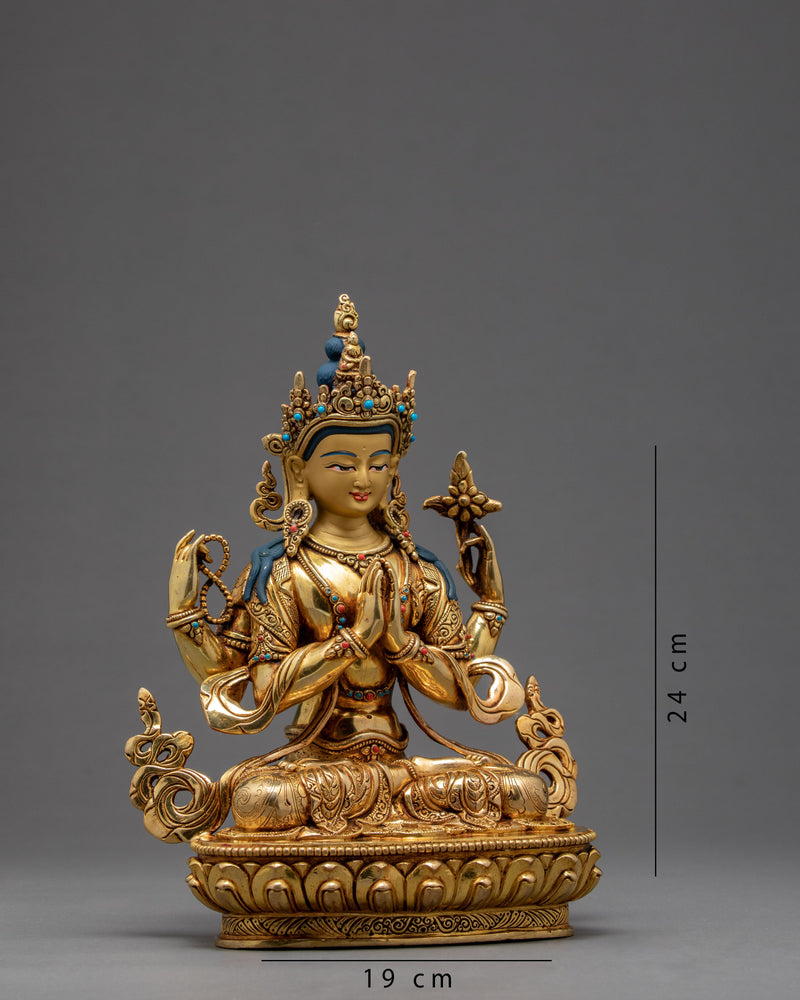 Bodhisattva Chenrezig Statue | 24K Gold Gilded Tibetan Sculpture