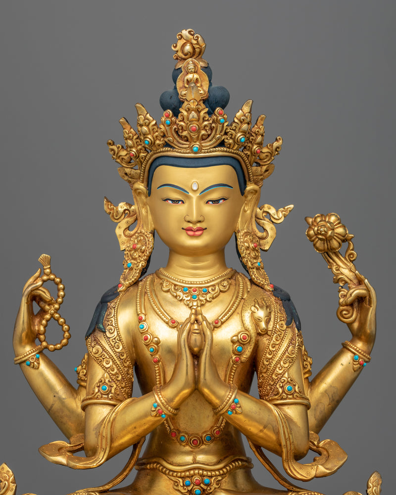 Traditionally Hand-Crafted Statue For Chenrezig Puja | Hand-Carved Buddhist Deity Sculpture