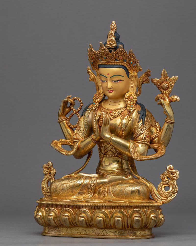 Four Armed Chenrezig Gold Sculpture | Boddhisattva of Compassion