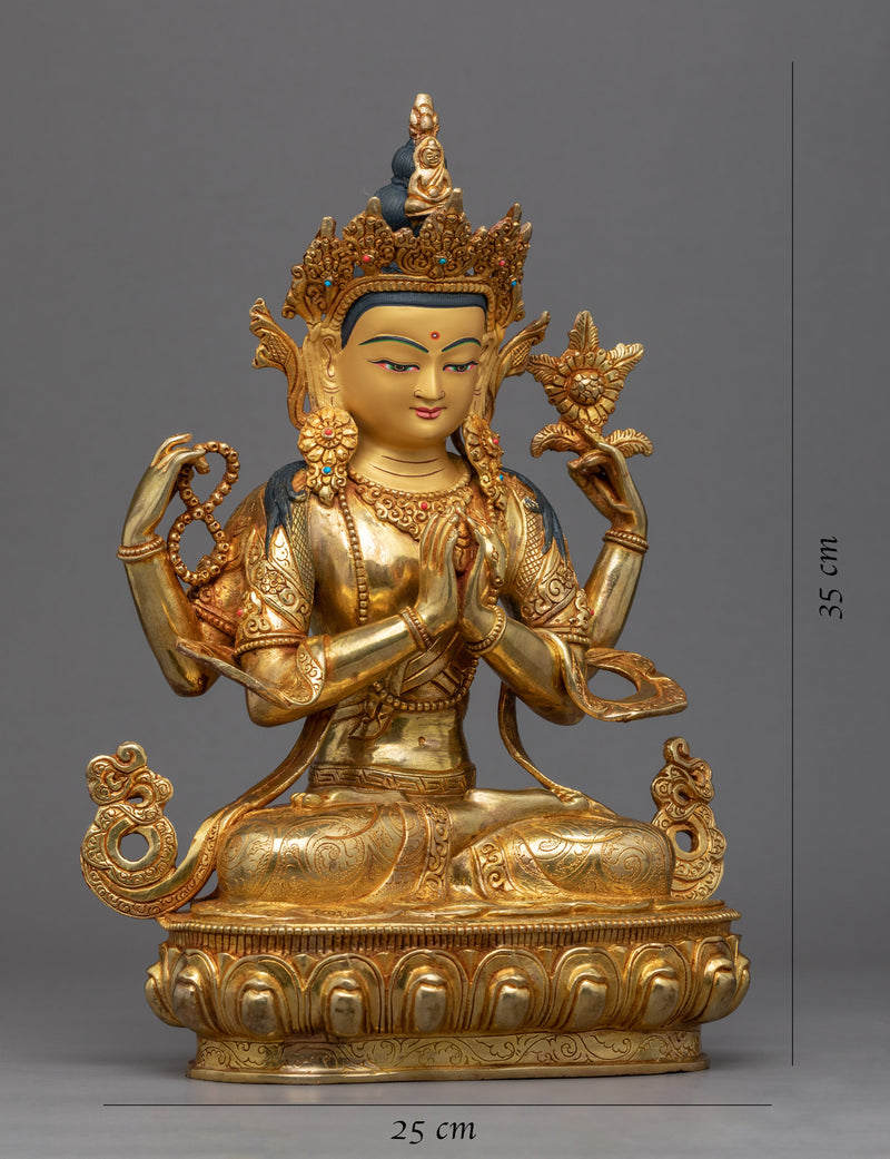 Four Armed Chenrezig Gold Sculpture | Boddhisattva of Compassion