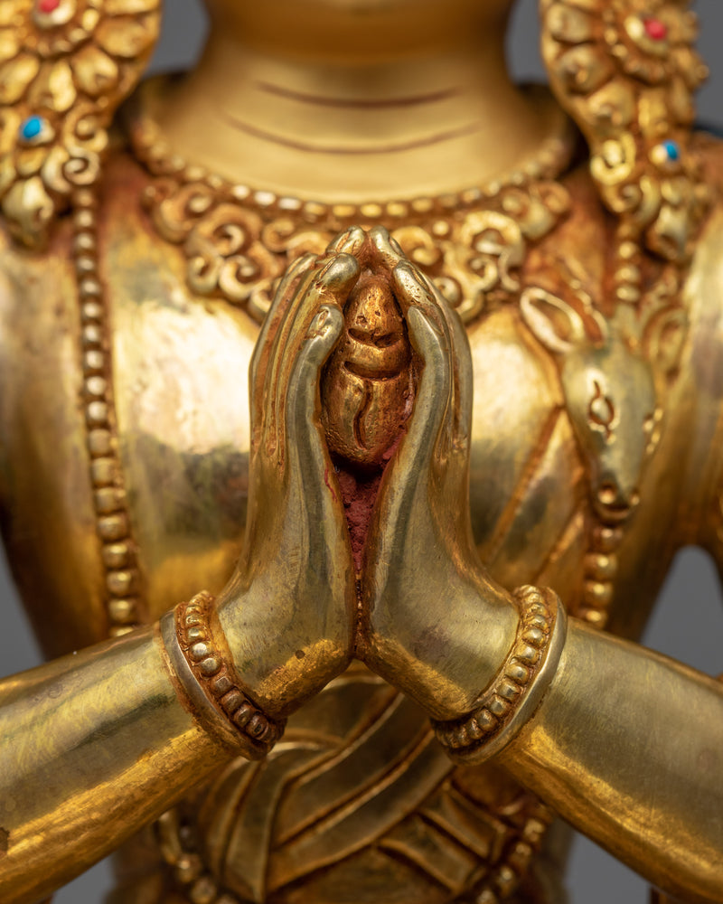 Four Armed Chenrezig Gold Sculpture | Boddhisattva of Compassion