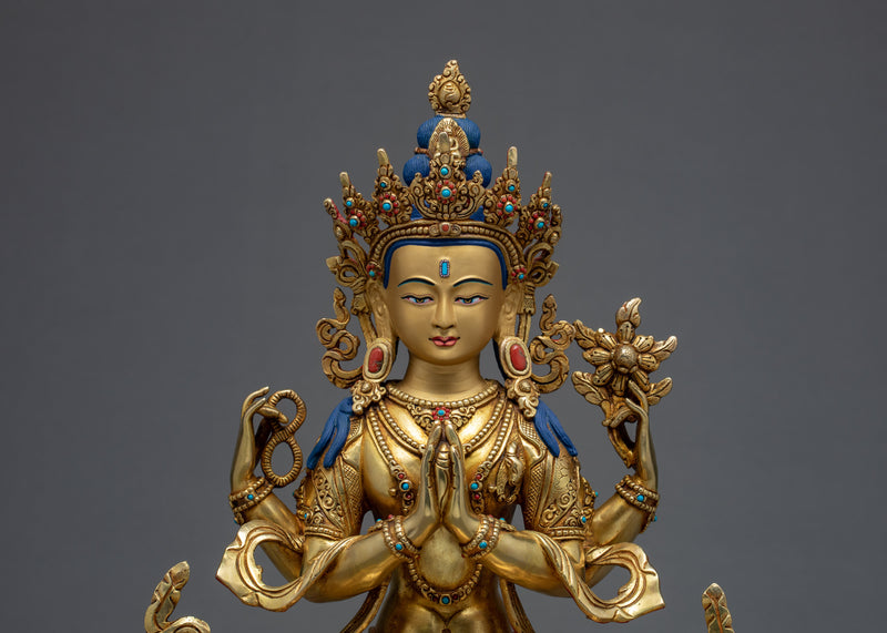 Four Armed Chenrezig Statue | 24K Gold Tibetan Sculpture