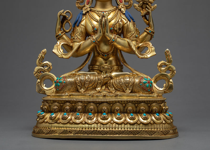 Four Armed Chenrezig Statue | 24K Gold Tibetan Sculpture