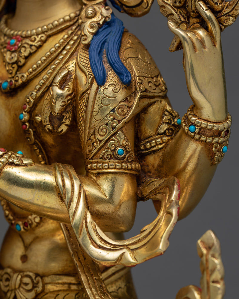 Four Armed Chenrezig Statue | 24K Gold Tibetan Sculpture