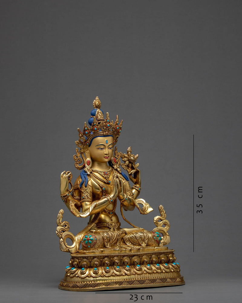 Four Armed Chenrezig Statue | 24K Gold Tibetan Sculpture