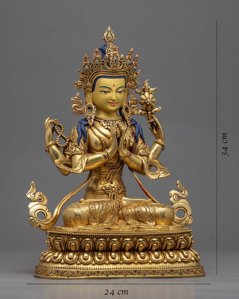 Buddhist Avalokiteshvara Sculpture | Gold Plated Himalayan Art