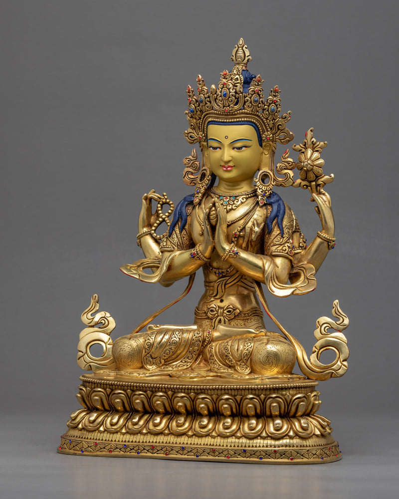 Buddhist Avalokiteshvara Sculpture | Gold Plated Himalayan Art