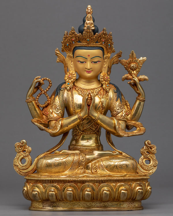 Four Armed Chenrezig Gold Sculpture 