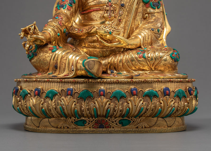 Guru Rinpoche, Purely Hand Carved Padmasambhava Gold Statue, Buddhist Treasure