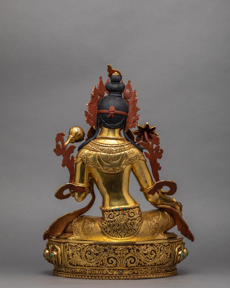 Green Tara Statue, Purely 24K Gold Gilded Tara, Hand Carved Tara