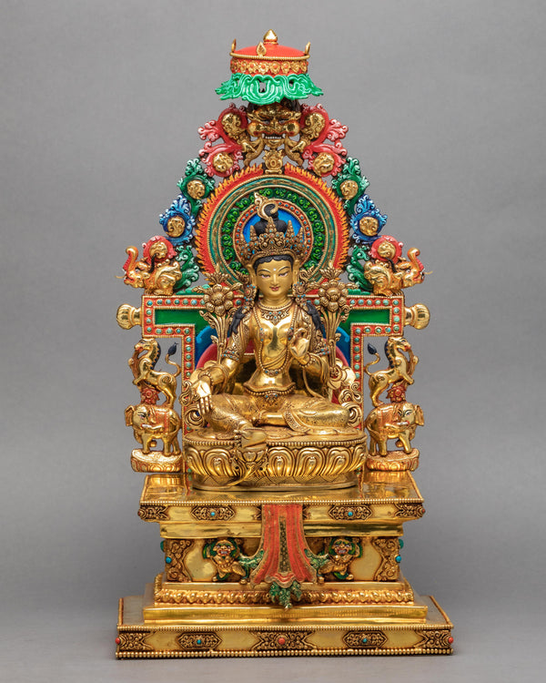 Green Tara On A Throne | 24k Gold Gilded Tara Statue