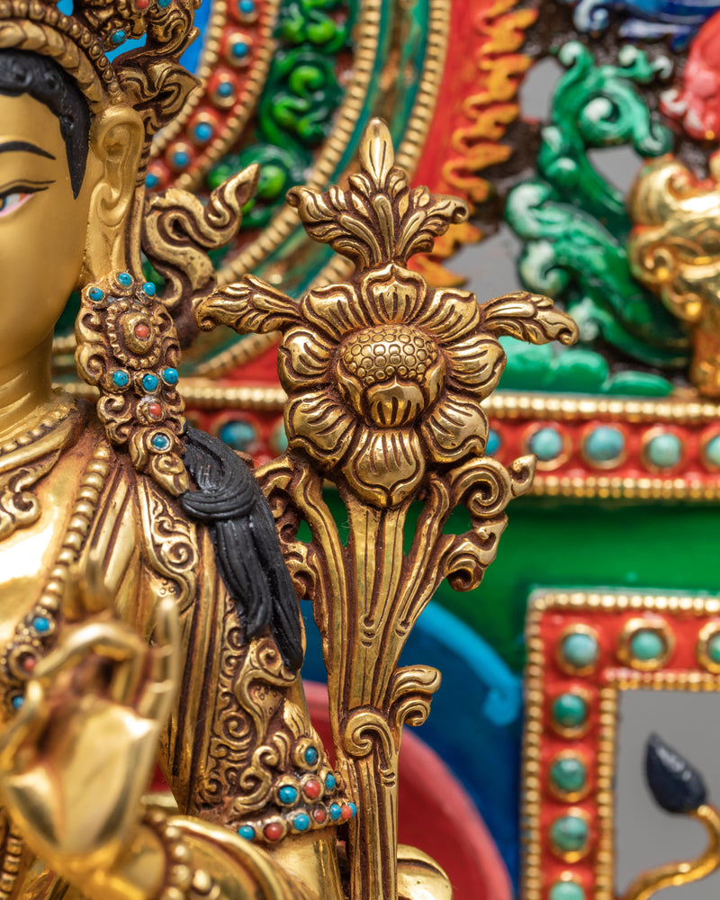 Green Tara On A Throne | 24k Gold Gilded Tara Statue