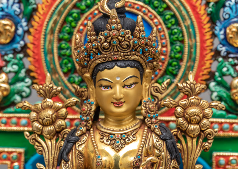 Green Tara On A Throne | 24k Gold Gilded Tara Statue