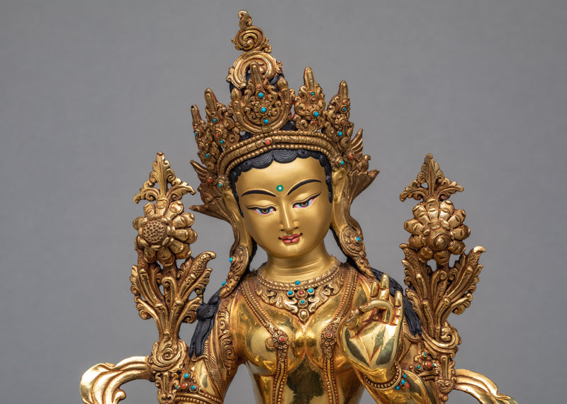 Green Tara Statue | Plated With Gold Tibetan Sculpture