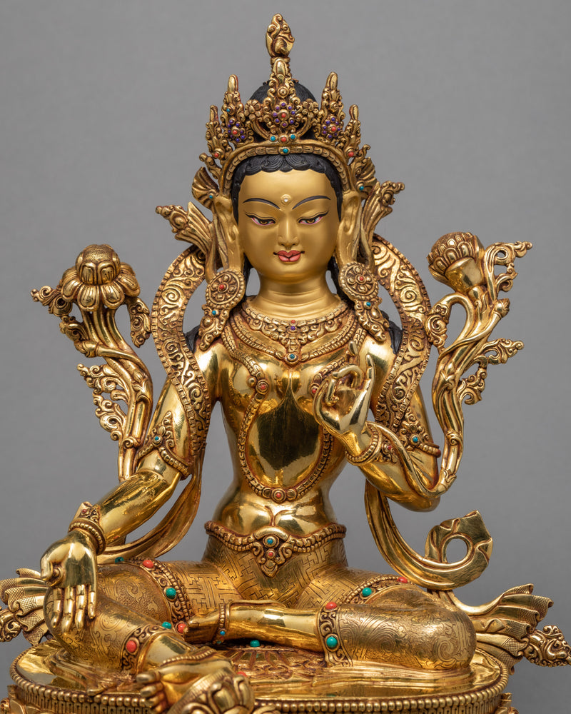 Traditionally Hand Carved Green Tara Statue | Buddhist Sculpture | Tara Statue