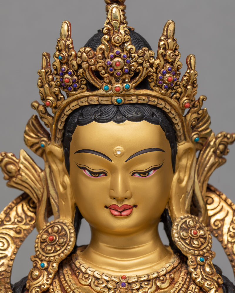 Traditionally Hand Carved Green Tara Statue | Buddhist Sculpture | Tara Statue