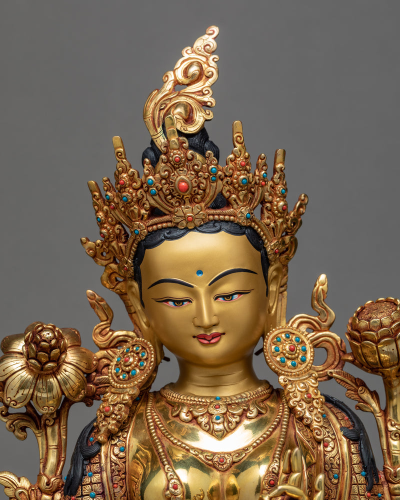 Green Tara Statue | 24k Gold Glided Tara | Himalayan Buddhist Art