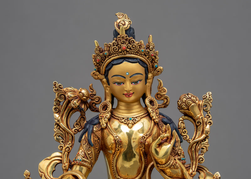 Green Tara Statue | Buddhist Compassion Goddess | 24k Gold Gilded