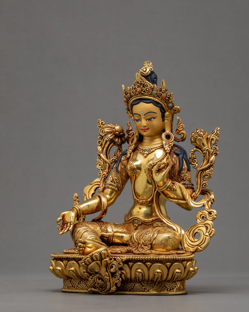 Green Tara Statue | Buddhist Compassion Goddess | 24k Gold Gilded