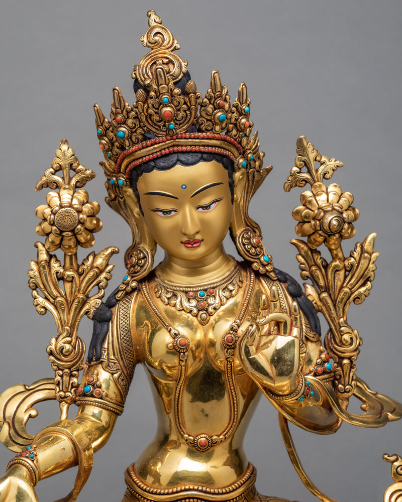 Tibetan Green Tara Statue | Himalayan Statue Glided in 24K Gold