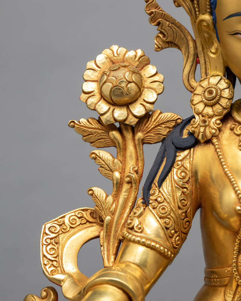 Green Tara Buddha Statue | Gold Gilded Peaceful Bodhisattva Sculpture