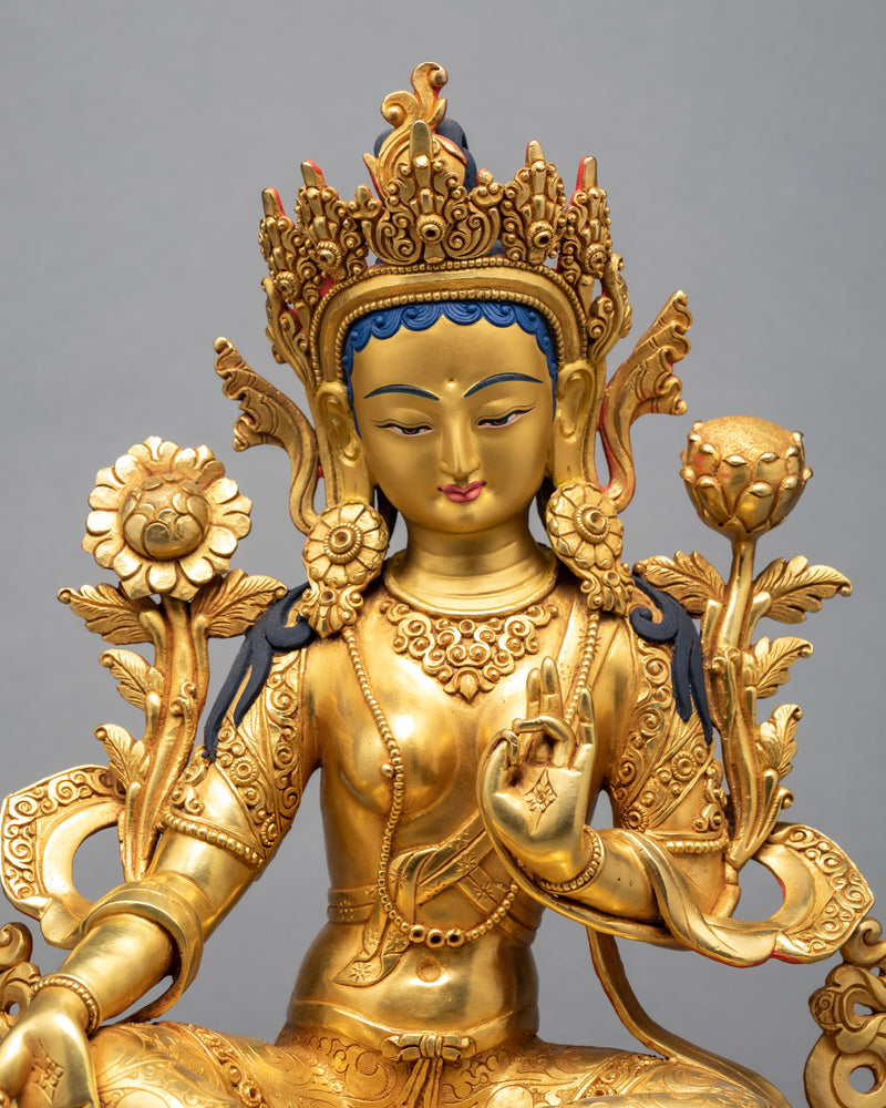 Green Tara Buddha Statue | Gold Gilded Peaceful Bodhisattva Sculpture